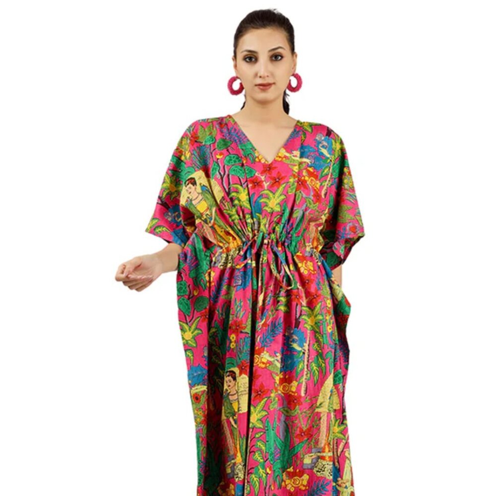 BRAND NEW Pink Frida Kahlo Block Printed Kaftan Cotton summer Maxi dress - Picture 4 of 6